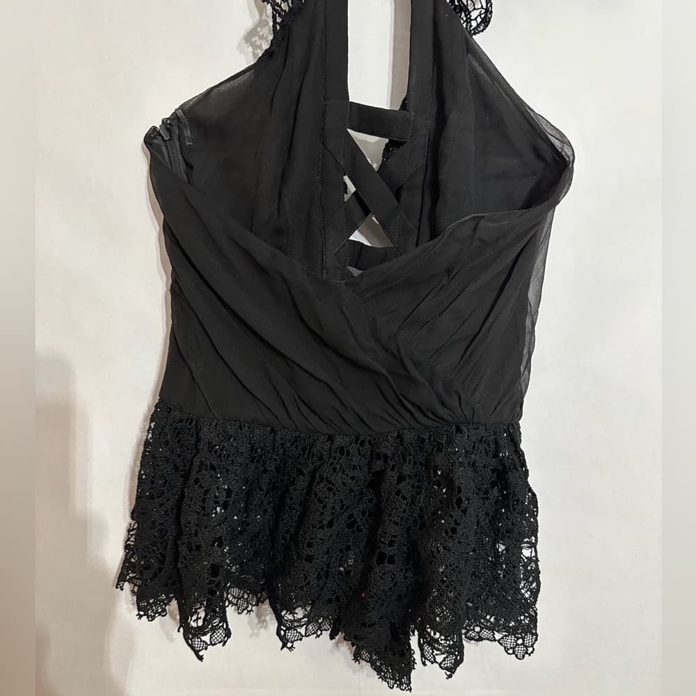 Black Lace Ruffle Halter Lace Up Top Fairy Goth Romantic See Measurement Like XS - Thumbnail 6