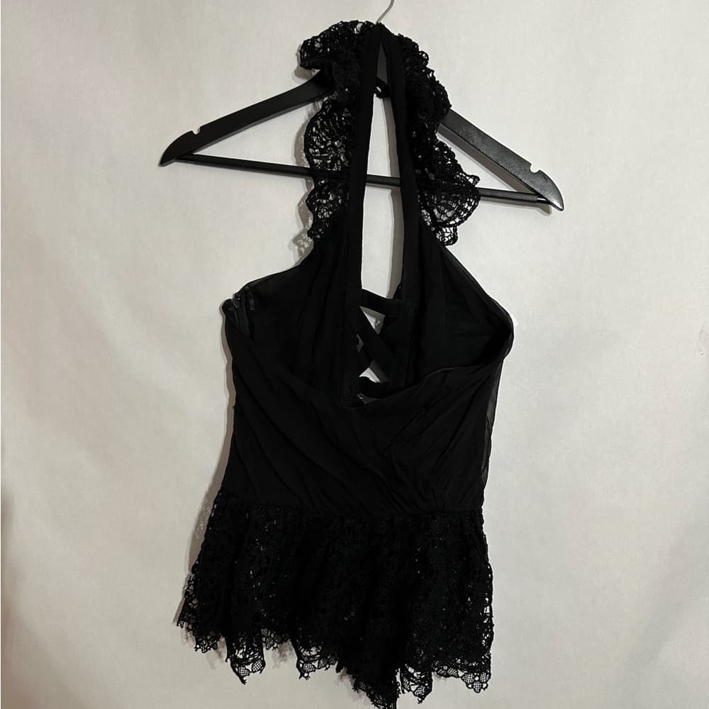 Black Lace Ruffle Halter Lace Up Top Fairy Goth Romantic See Measurement Like XS - Thumbnail 3