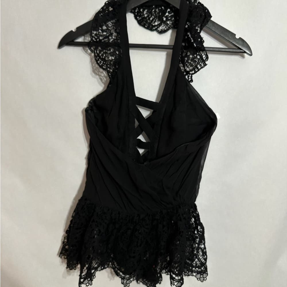 Black Lace Ruffle Halter Lace Up Top Fairy Goth Romantic See Measurement Like XS - Thumbnail 4