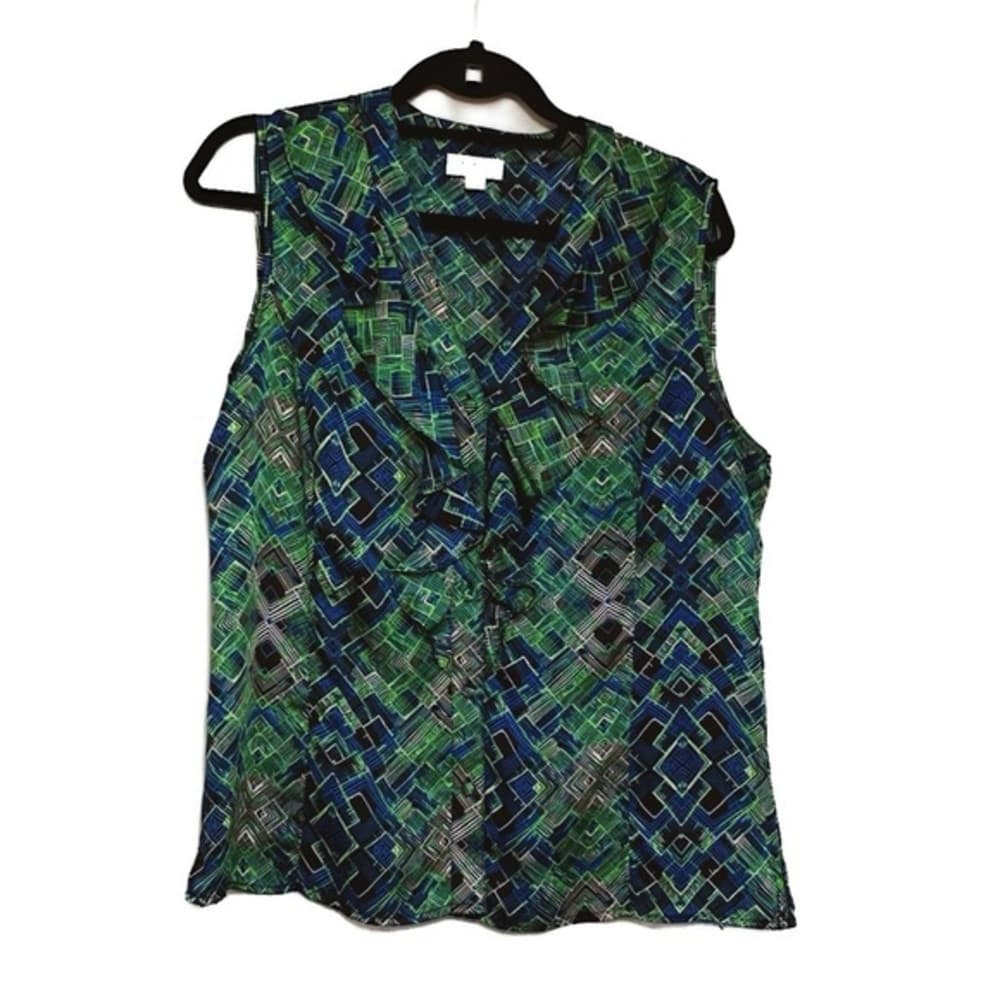 Tahari Arthur S. Levine Sleeveless Geometric Blouse Blue Green Abstract Large - Thumbnail 9