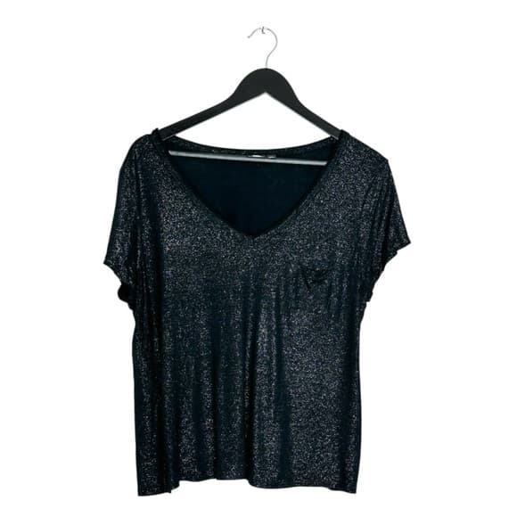 Rock & Republic Black Shimmer V Neck Slight Crop Top Metallic Night Out Y2K XL - Thumbnail 9