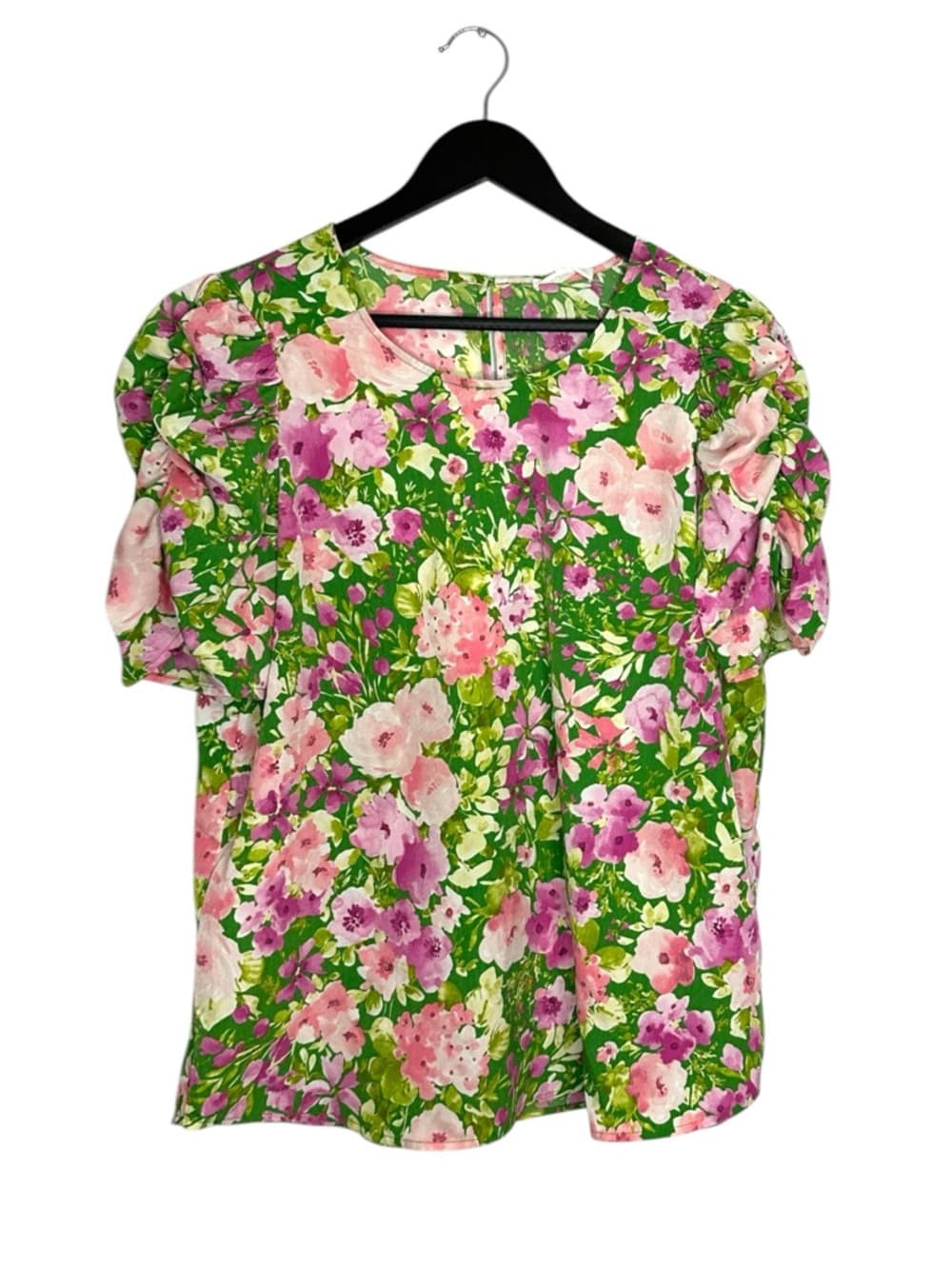 NWT Pleione Floral Puff Sleeve Blouse Green Pink Cottagecore Romantic Top Large - Thumbnail 10