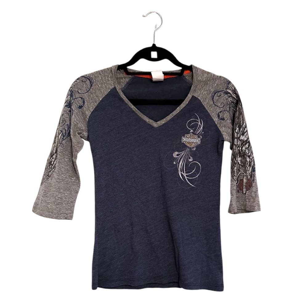 Harley-Davidson Rhinestone Logo Raglan Top Small Gray Blue Biker Tee - Thumbnail 12
