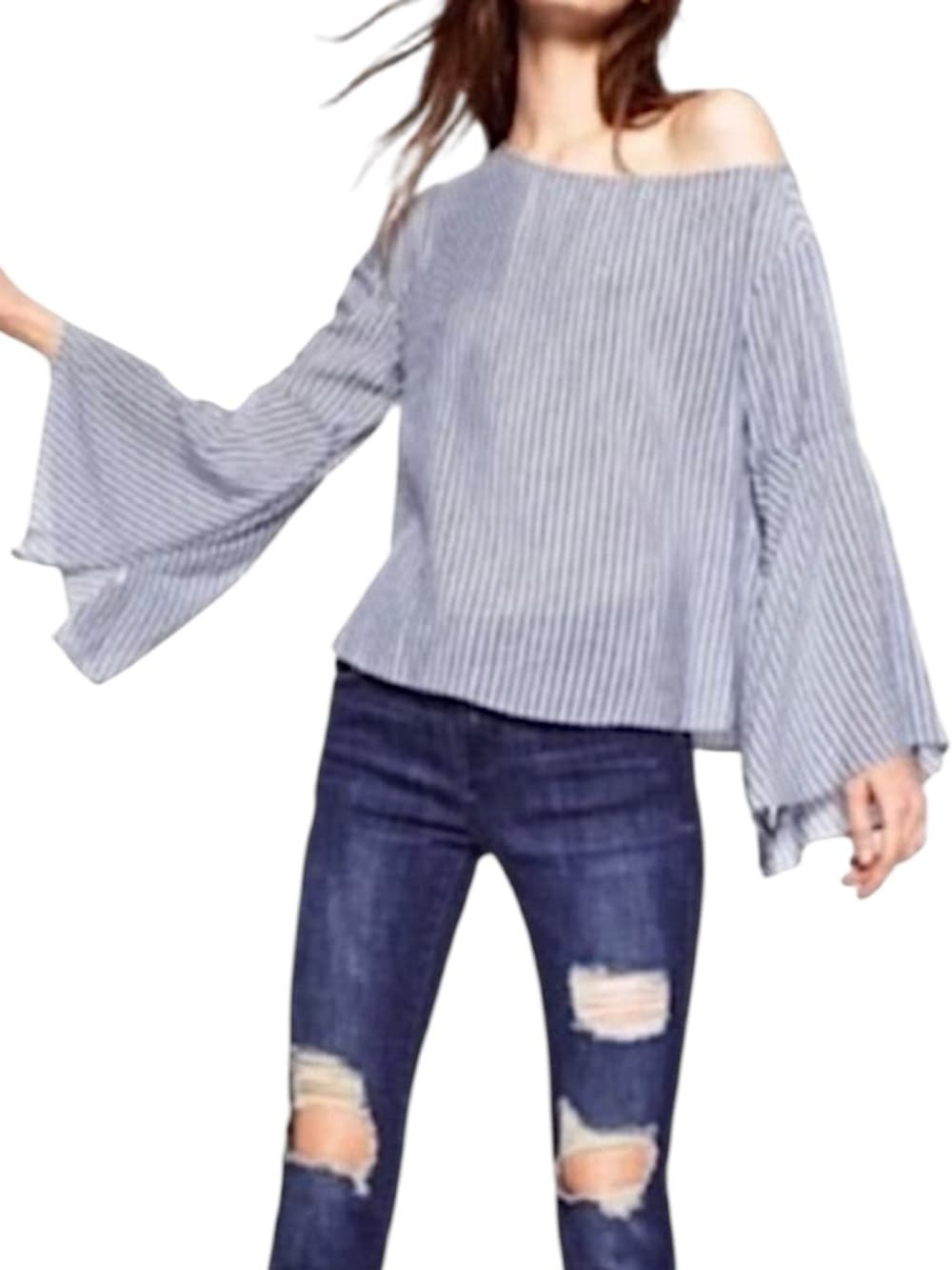 Zara Trafaluc Collection Blue White Stripe Seersucker Bell Sleeve Top Medium - Thumbnail 12