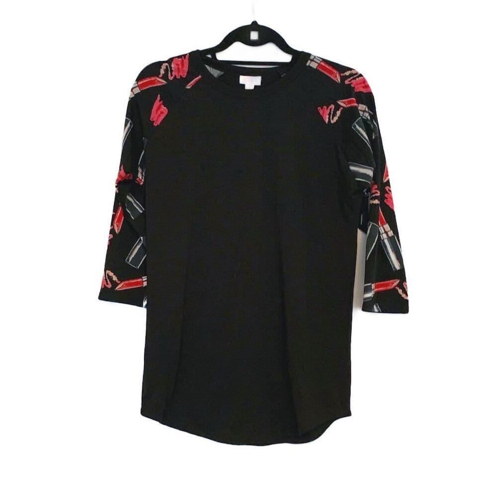 LuLaRoe Randy Lipstick Print Raglan Sleeve Shirt Women's Small Black 3/4 Sleeve - Thumbnail 7