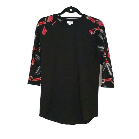 LuLaRoe Randy Lipstick Print Raglan Sleeve Shirt Women's Small Black 3/4 Sleeve - Thumbnail 8