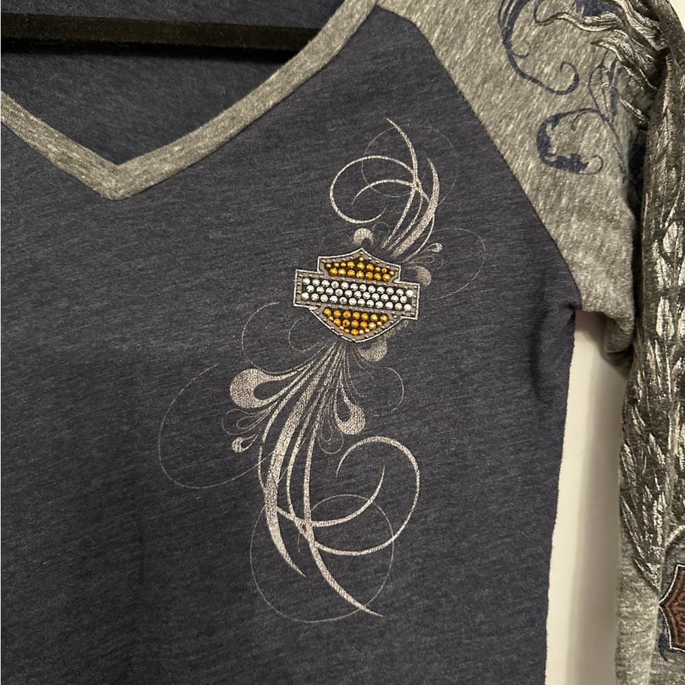 Harley-Davidson Rhinestone Logo Raglan Top Small Gray Blue Biker Tee - Thumbnail 5