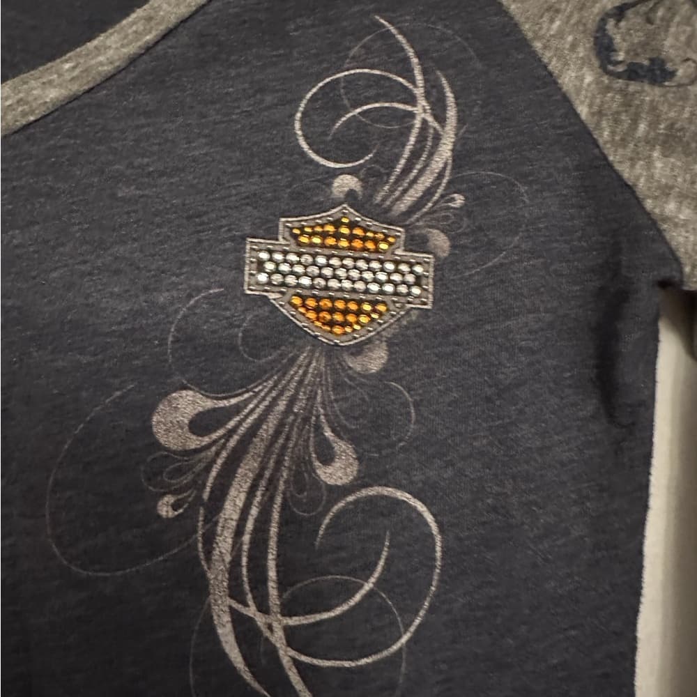 Harley-Davidson Rhinestone Logo Raglan Top Small Gray Blue Biker Tee - Thumbnail 8