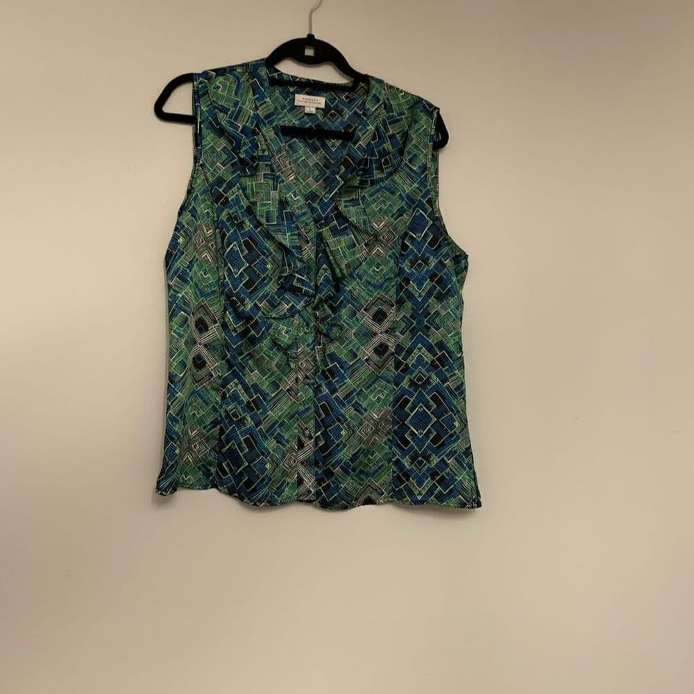 Tahari Arthur S. Levine Sleeveless Geometric Blouse Blue Green Abstract Large - Thumbnail 2