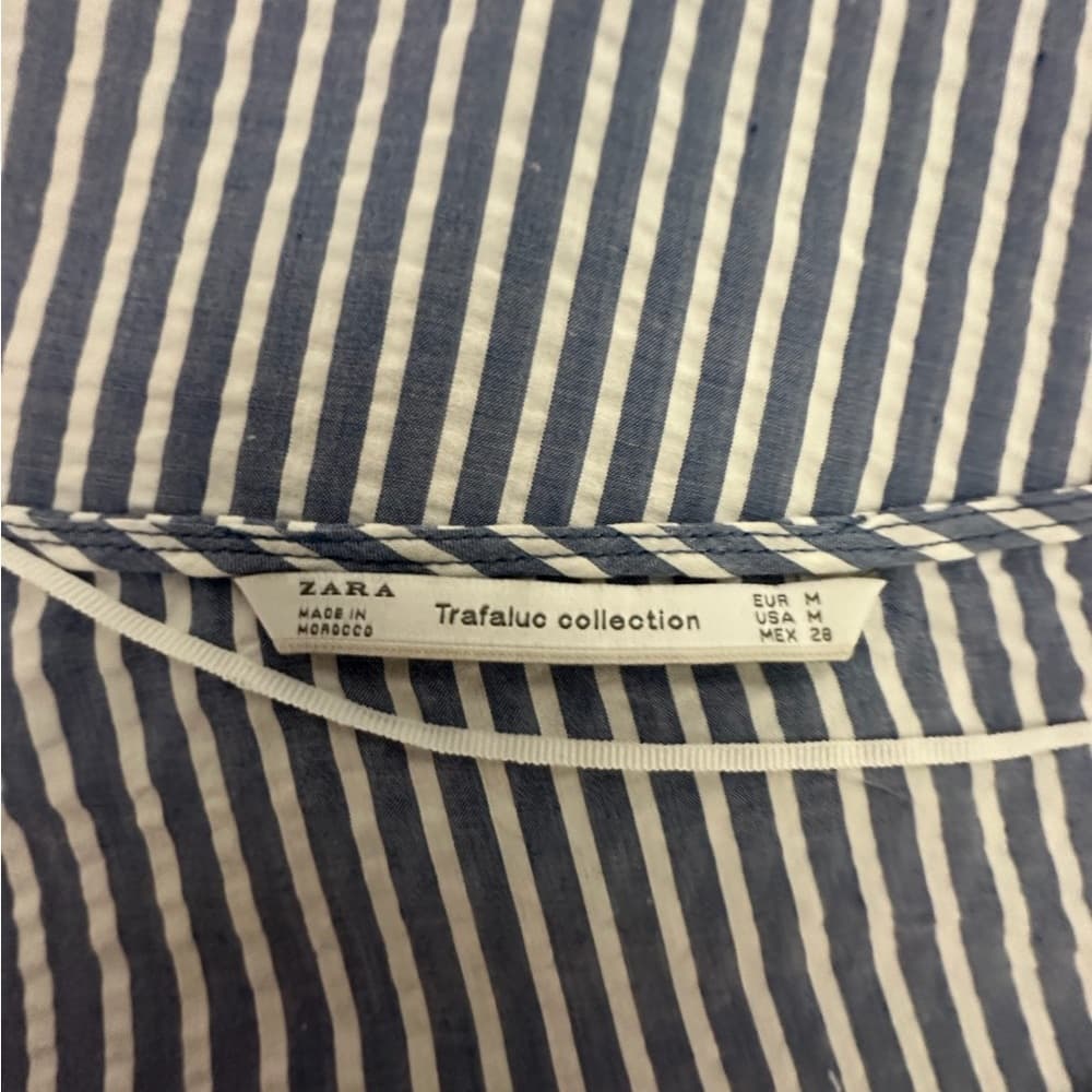 Zara Trafaluc Collection Blue White Stripe Seersucker Bell Sleeve Top Medium - Thumbnail 8