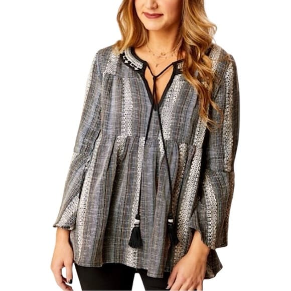 ALTAR’D STATE Peasant Top Woven Beading Hippie Bohemian Blouse Medium - Thumbnail 17
