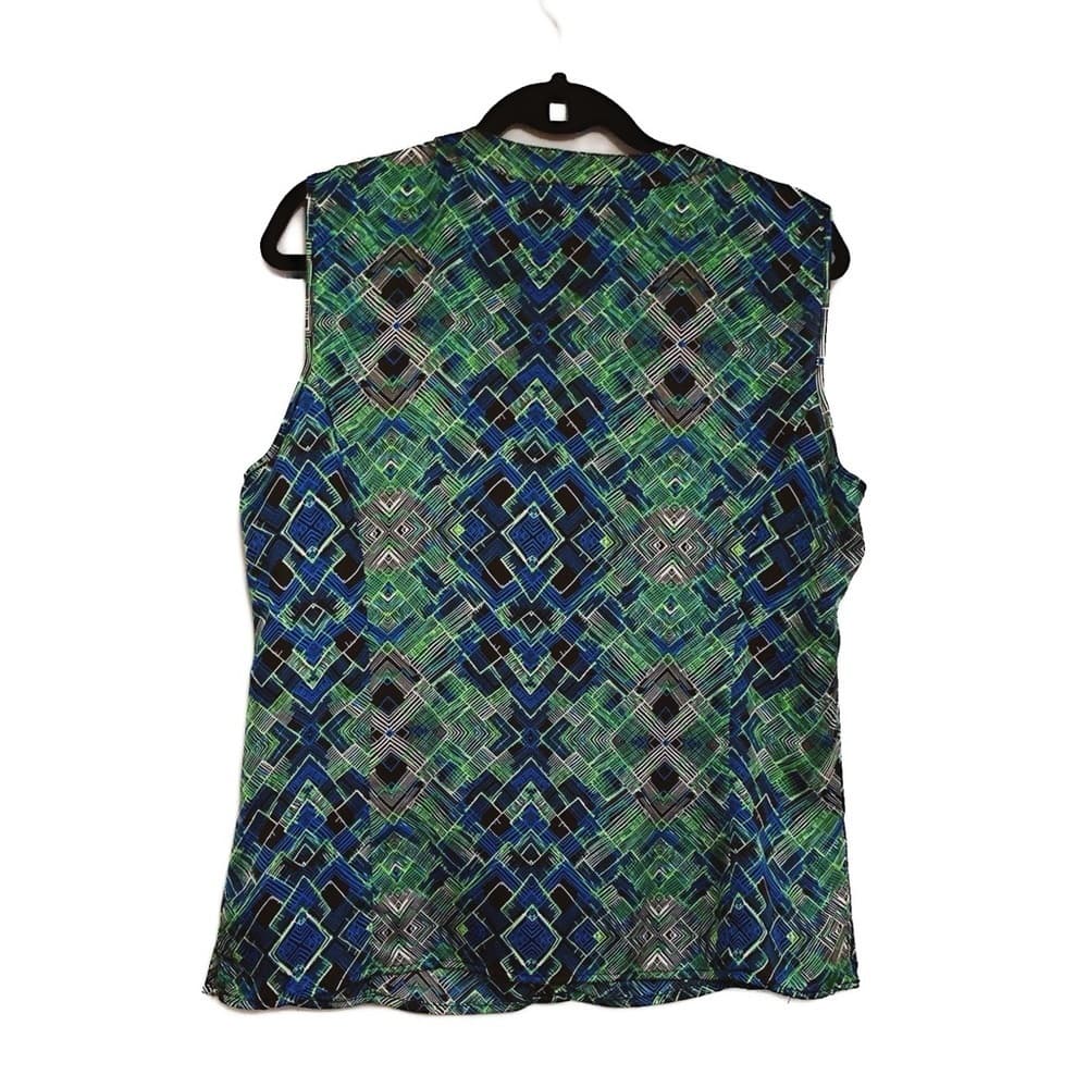 Tahari Arthur S. Levine Sleeveless Geometric Blouse Blue Green Abstract Large - Thumbnail 8