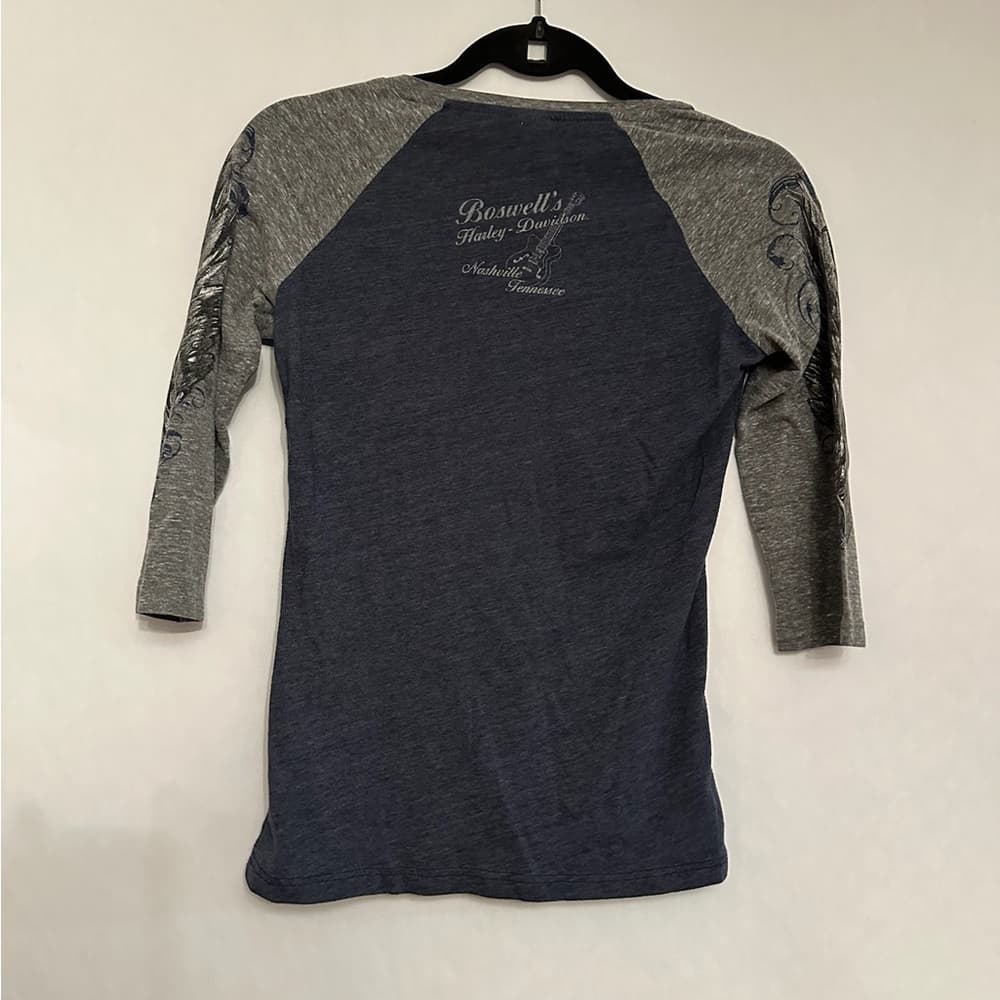 Harley-Davidson Rhinestone Logo Raglan Top Small Gray Blue Biker Tee - Thumbnail 4