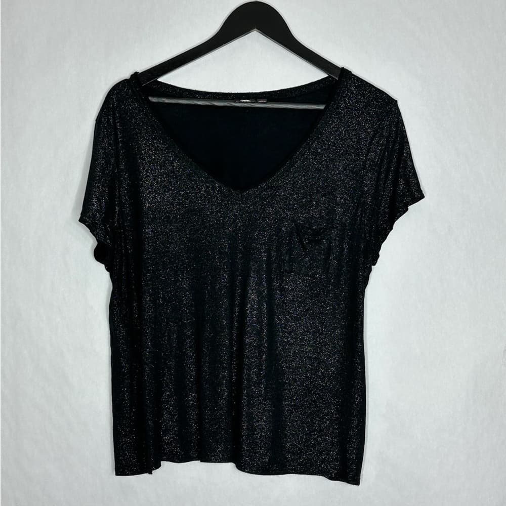 Rock & Republic Black Shimmer V Neck Slight Crop Top Metallic Night Out Y2K XL - Thumbnail 3