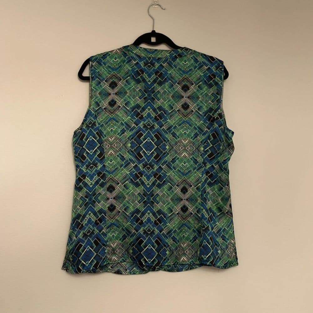 Tahari Arthur S. Levine Sleeveless Geometric Blouse Blue Green Abstract Large - Thumbnail 6