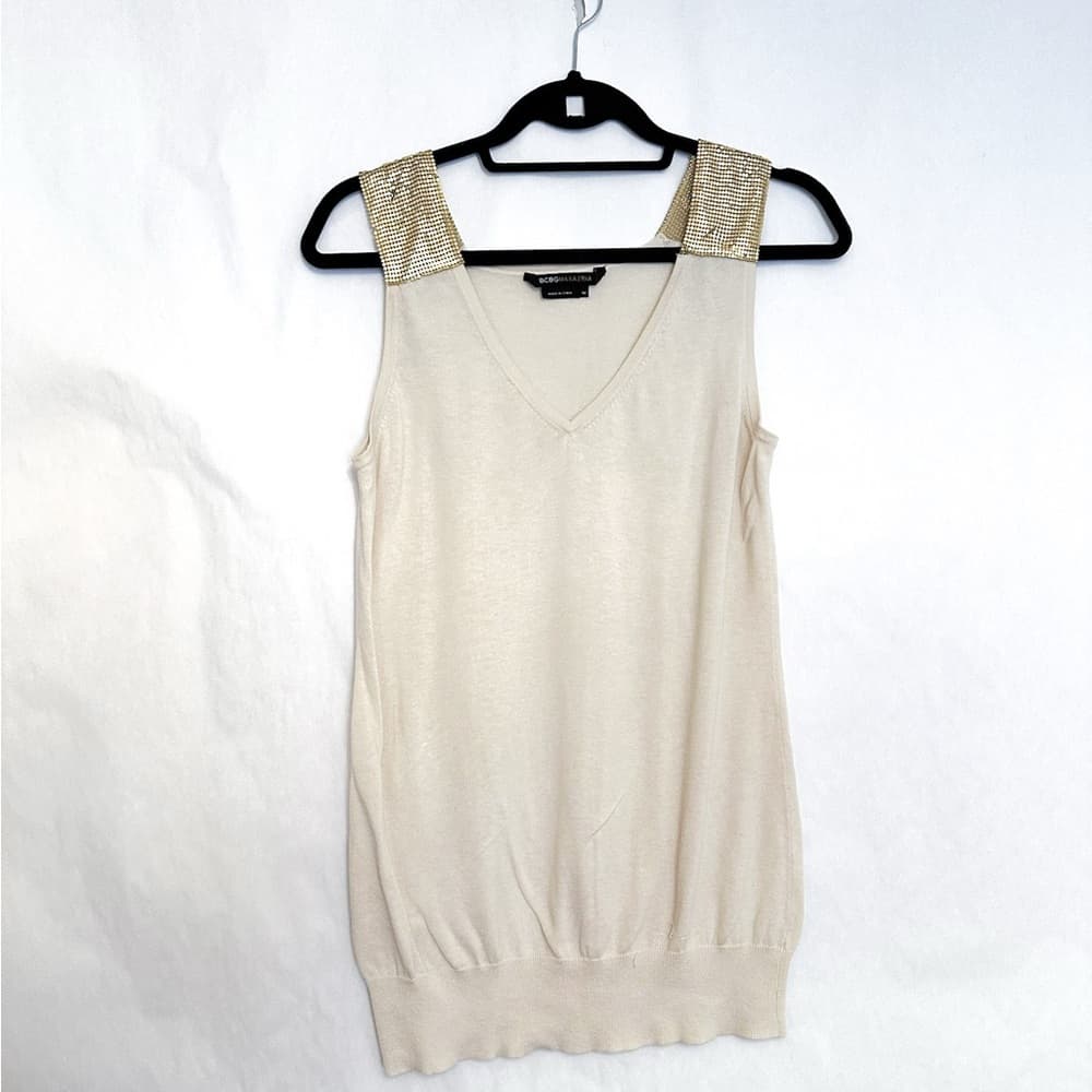 BCBGMaxAzria Beige with Gold Chainmail Embellished Tank Top Size Medium - Thumbnail 3