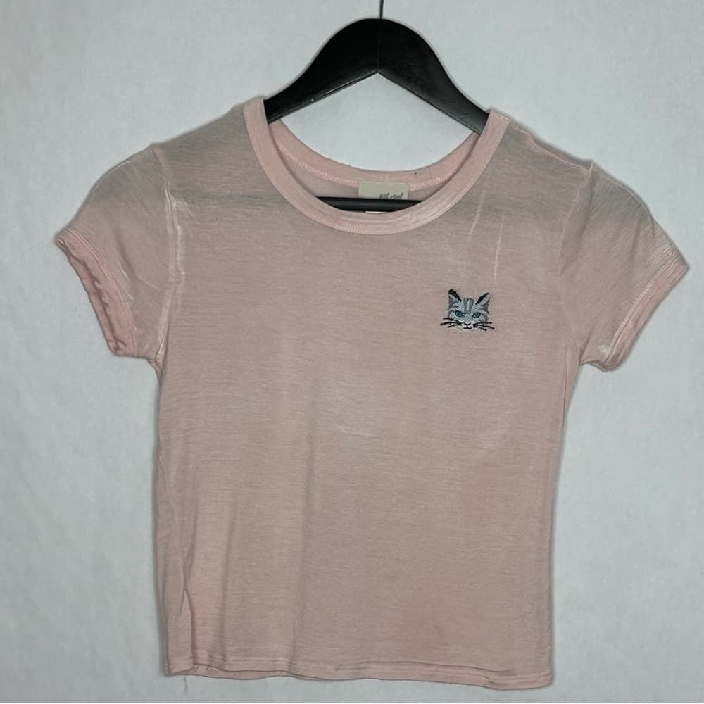 Wet Seal Pink Cat Embroidered Baby Doll Tee Fitted Y2K Top Size Medium Lolita - Thumbnail 2