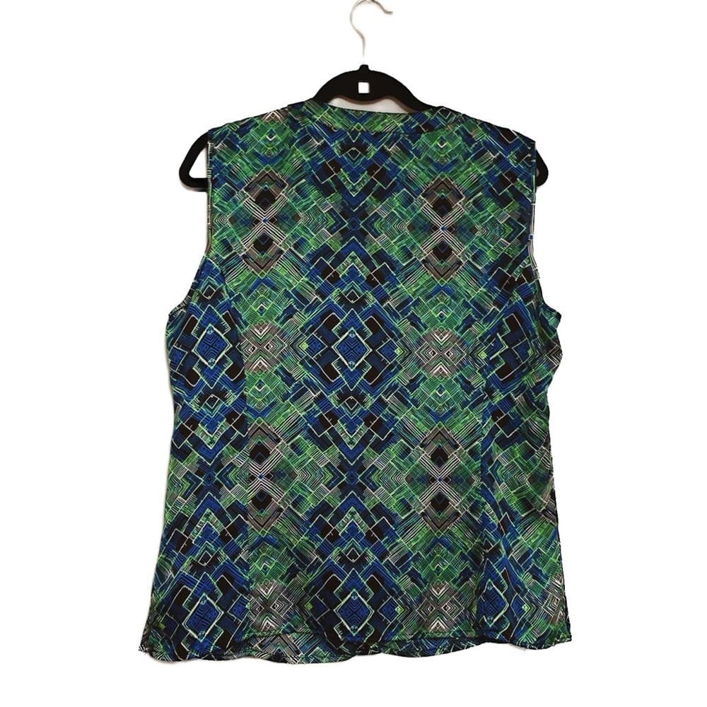 Tahari Arthur S. Levine Sleeveless Geometric Blouse Blue Green Abstract Large - Thumbnail 7
