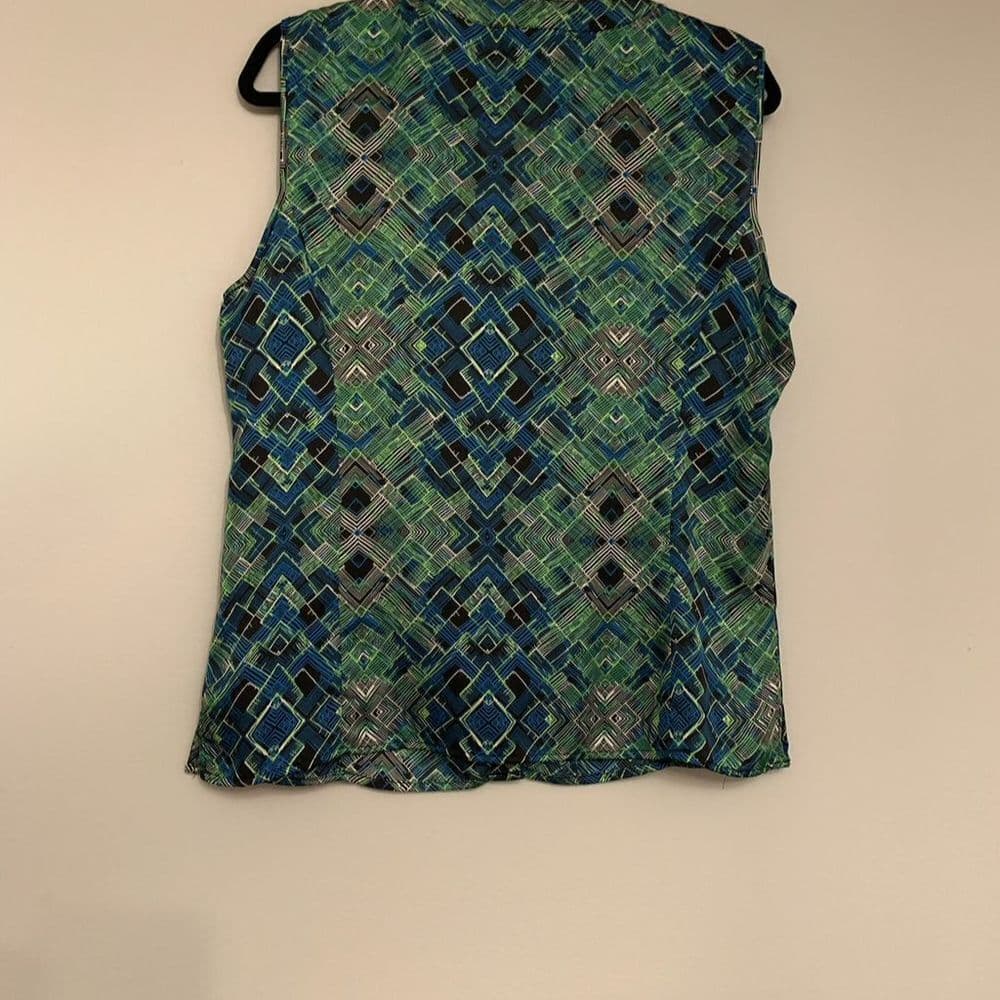 Tahari Arthur S. Levine Sleeveless Geometric Blouse Blue Green Abstract Large - Thumbnail 4