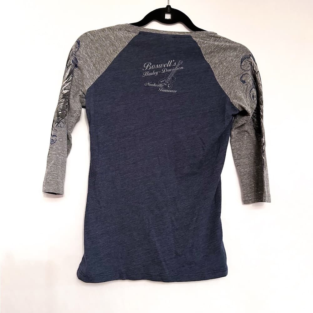 Harley-Davidson Rhinestone Logo Raglan Top Small Gray Blue Biker Tee - Thumbnail 2