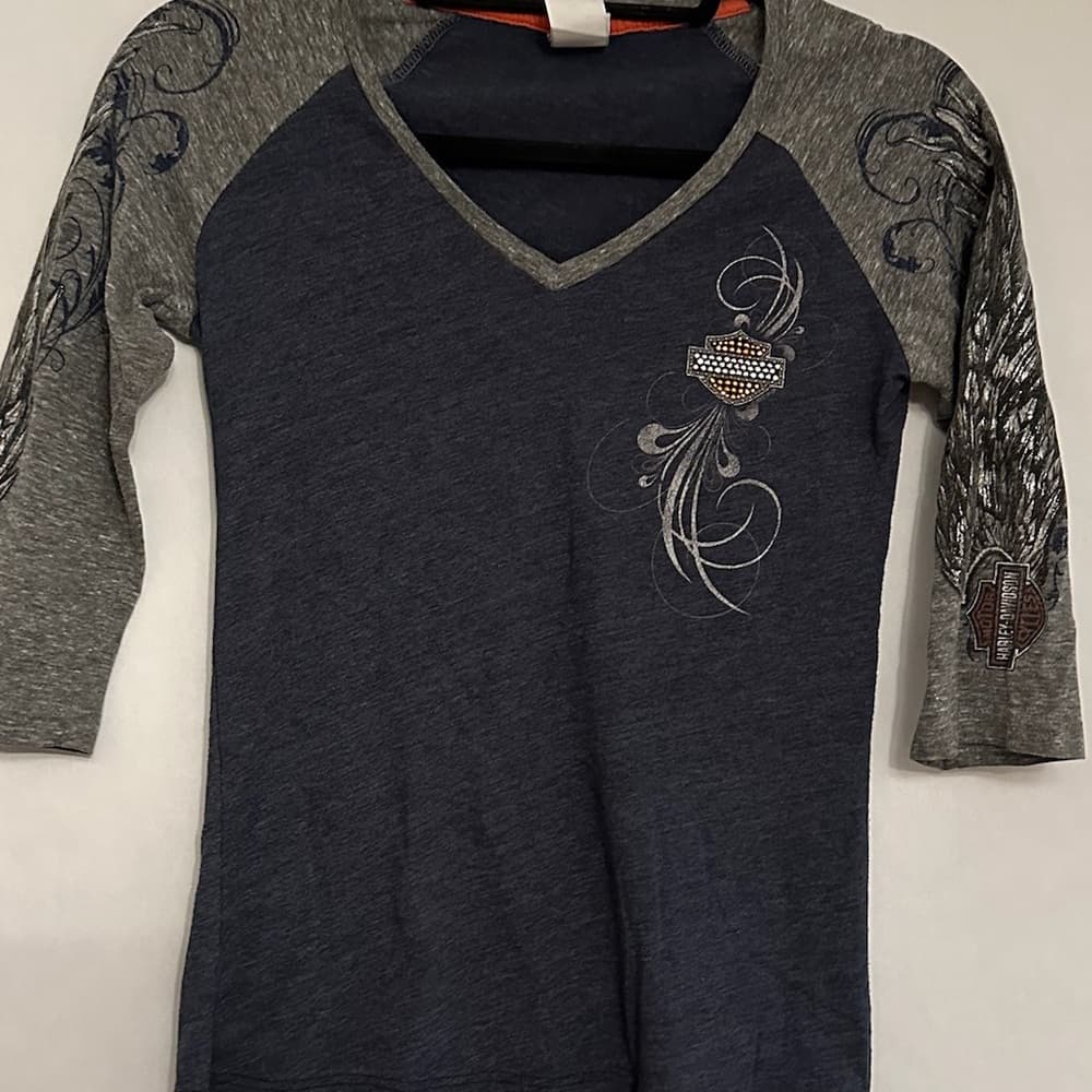 Harley-Davidson Rhinestone Logo Raglan Top Small Gray Blue Biker Tee - Thumbnail 11