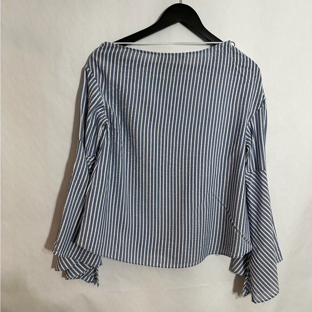 Zara Trafaluc Collection Blue White Stripe Seersucker Bell Sleeve Top Medium - Thumbnail 4