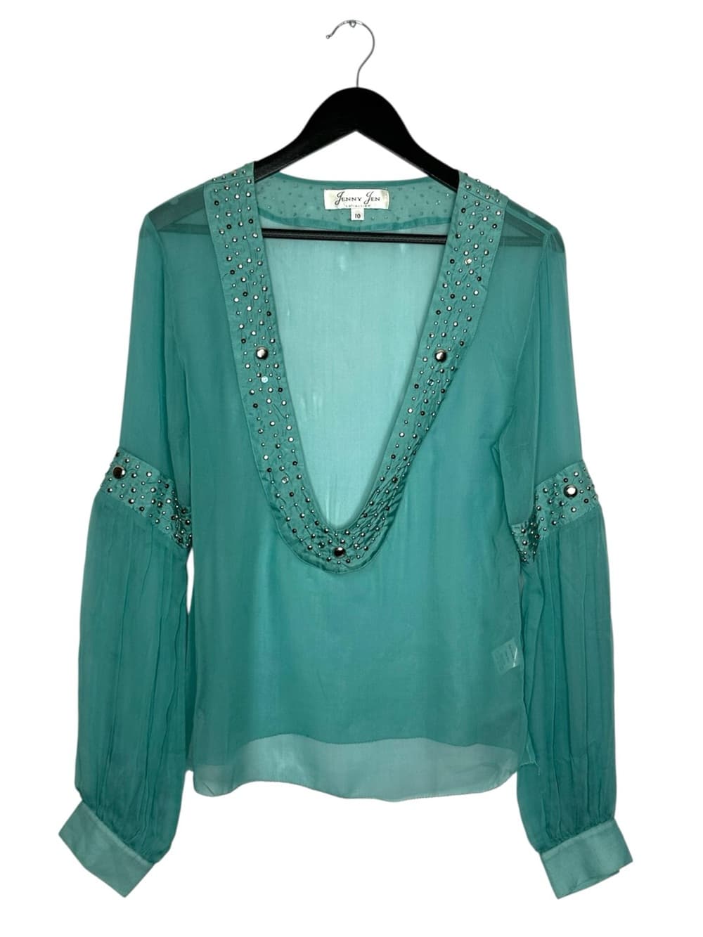 Jenny Jen Collection Vintage Rhinestone Beaded Sheer Boho Blouse Size 10 Mermaid - Thumbnail 9