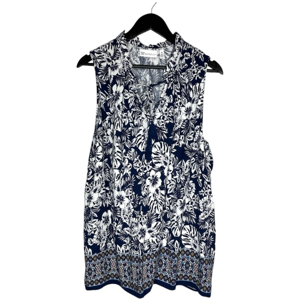 Rafaella Navy White Floral Border Print Sleeveless Tassel Neck Blouse Size 1X - Thumbnail 12