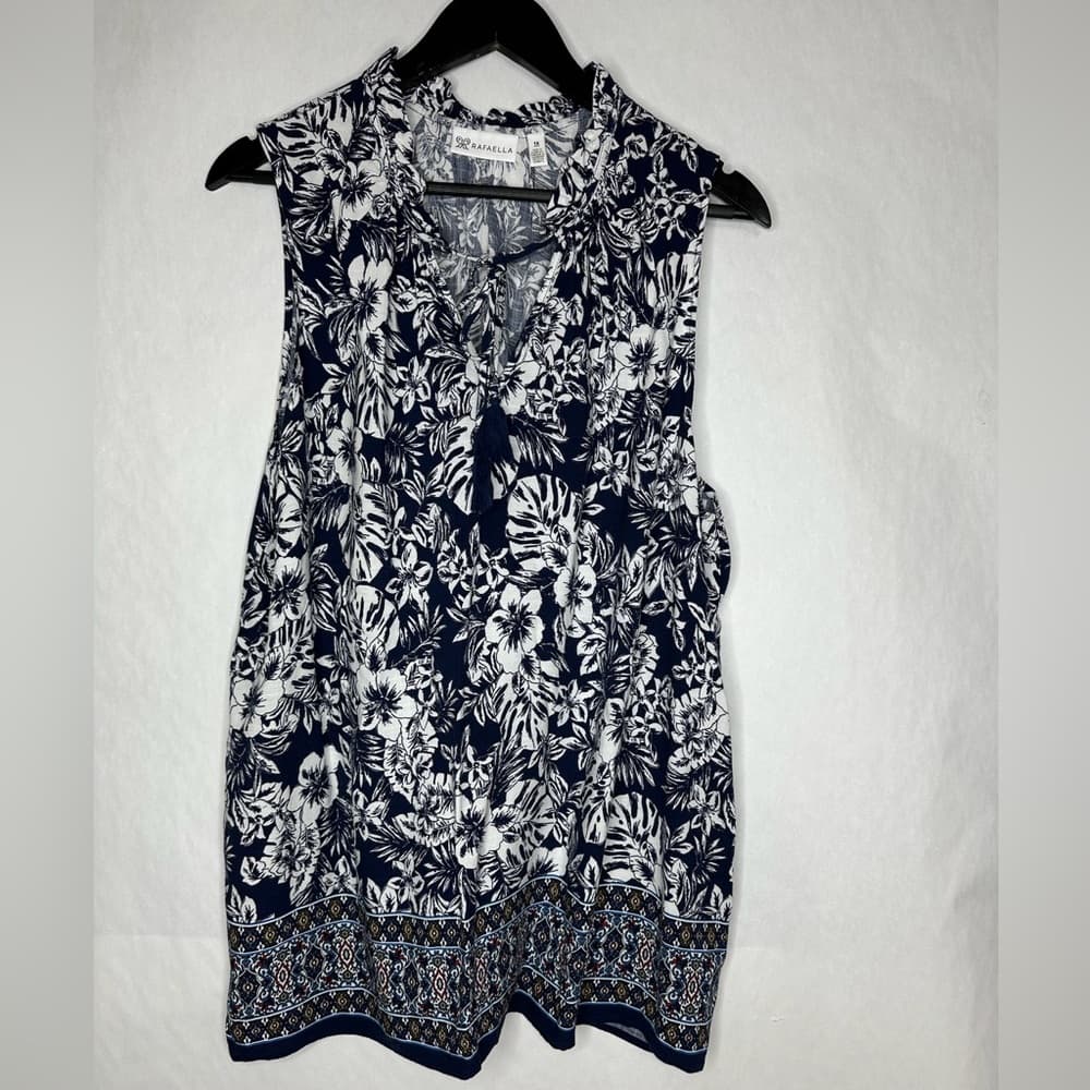 Rafaella Navy White Floral Border Print Sleeveless Tassel Neck Blouse Size 1X - Thumbnail 8