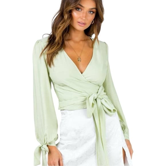 Princess Polly Alena Wrap Top in Sage Light Green Size US 2 - Thumbnail 16