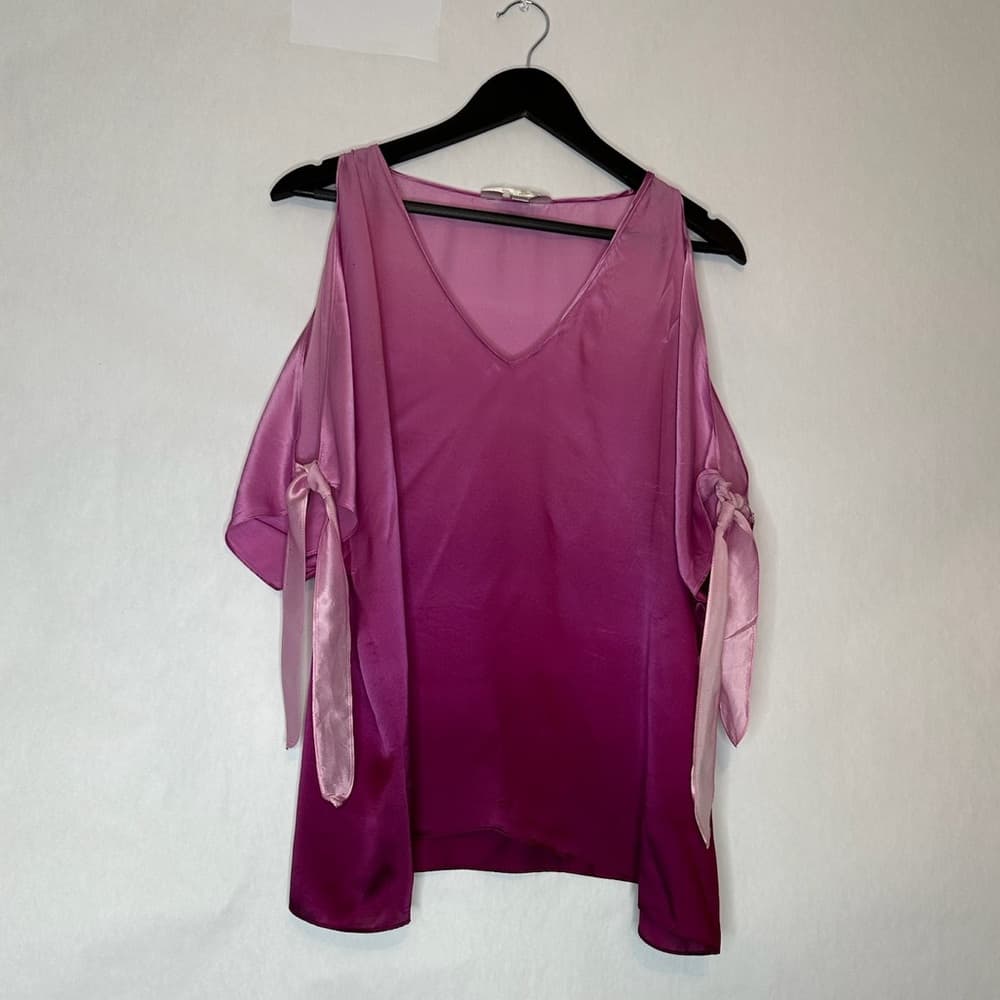 ZOA New York Pink Ombre Cold Shoulder Satin Top Blouse Medium - Thumbnail 6