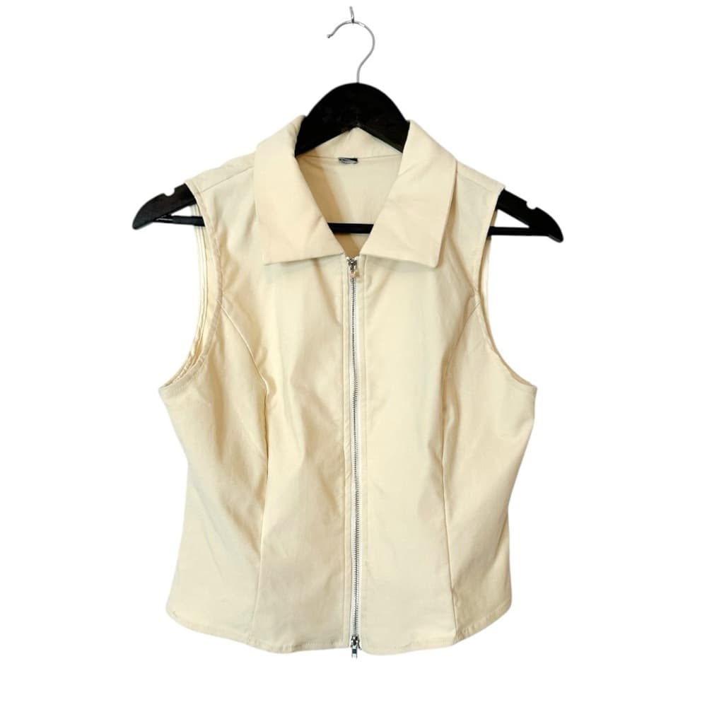 NWOT Cider Woven Collar Solid Zipper Tank Top Beige | TAGS CUT OUT SEE NOTES