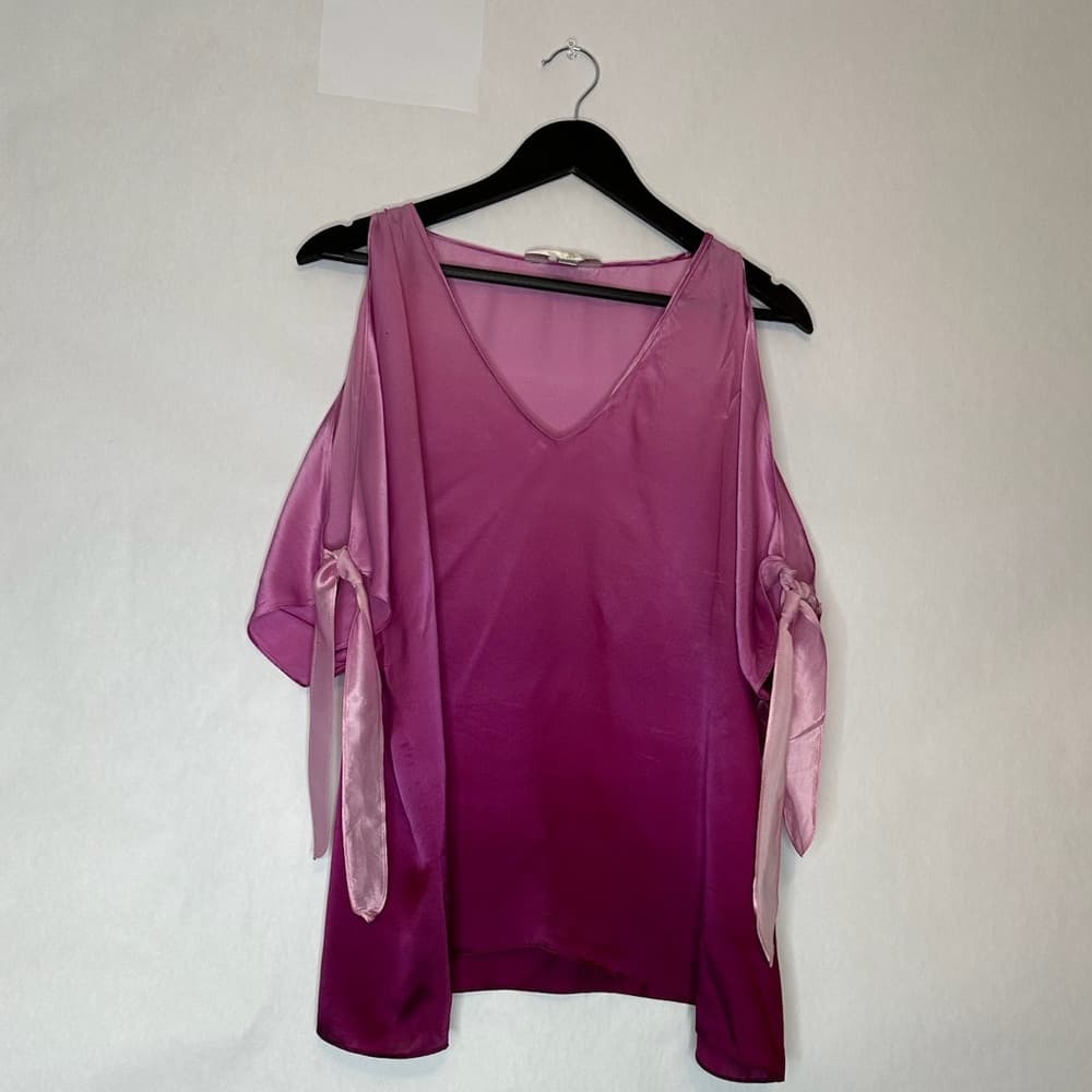 ZOA New York Pink Ombre Cold Shoulder Satin Top Blouse Medium - Thumbnail 5