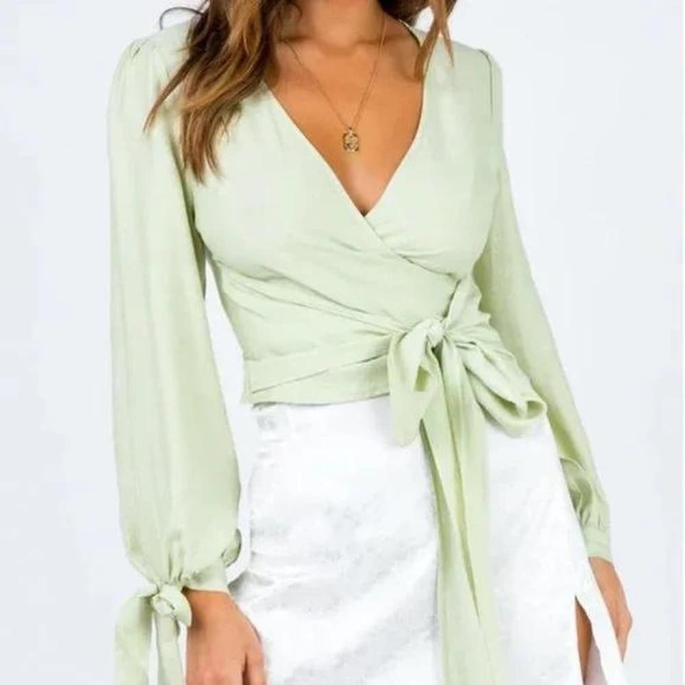 Princess Polly Alena Wrap Top in Sage Light Green Size US 2 - Thumbnail 14
