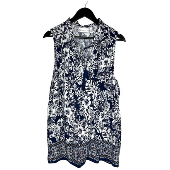 Rafaella Navy White Floral Border Print Sleeveless Tassel Neck Blouse Size 1X - Thumbnail 13