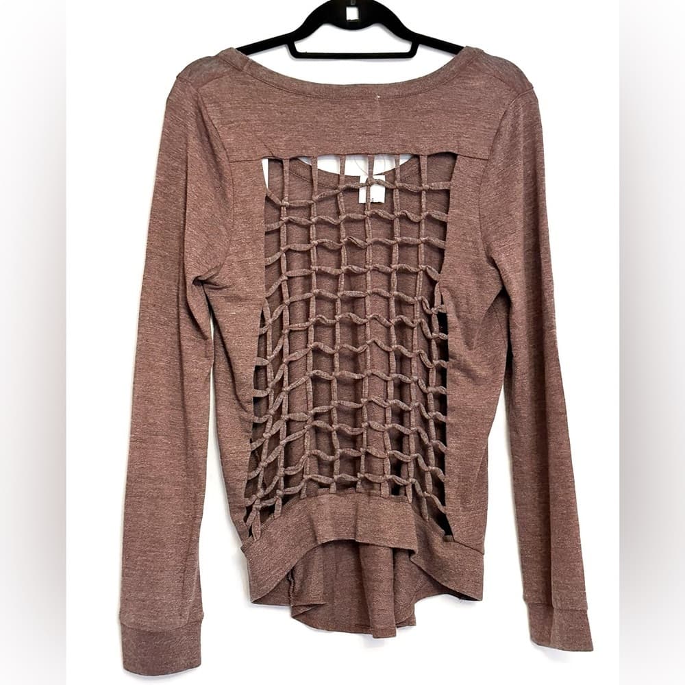NWT CHASER Revolve Caged Knotted Back Top Long Sleeve Boho Heather Brown Medium - Thumbnail 4