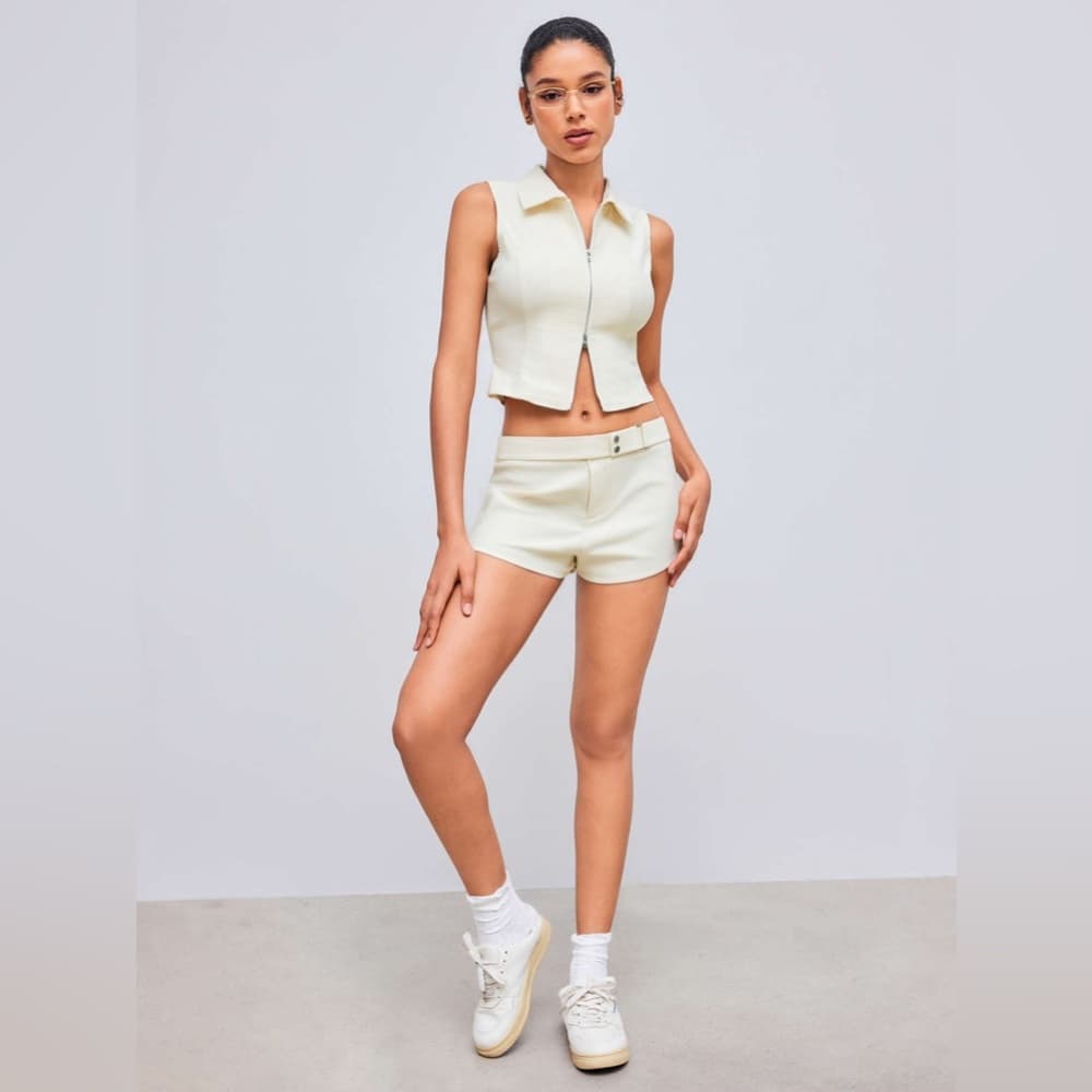 NWOT Cider Woven Collar Solid Zipper Tank Top Beige | TAGS CUT OUT SEE NOTES - Thumbnail 3
