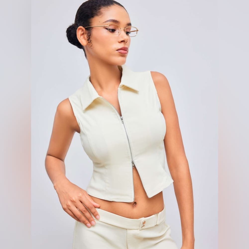NWOT Cider Woven Collar Solid Zipper Tank Top Beige | TAGS CUT OUT SEE NOTES - Thumbnail 5
