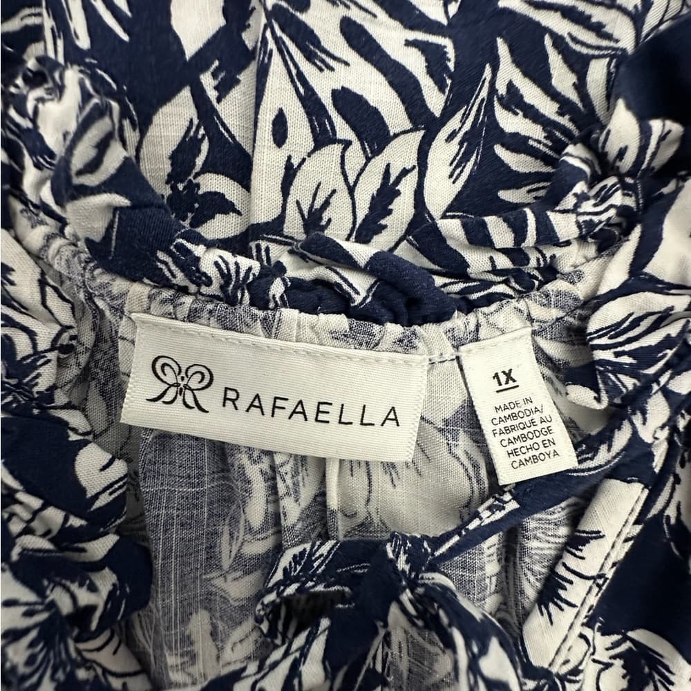 Rafaella Navy White Floral Border Print Sleeveless Tassel Neck Blouse Size 1X - Thumbnail 5