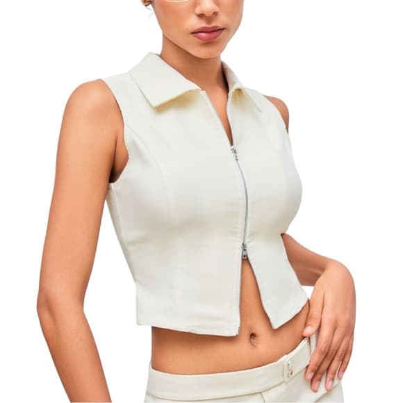 NWOT Cider Woven Collar Solid Zipper Tank Top Beige | TAGS CUT OUT SEE NOTES - Thumbnail 14