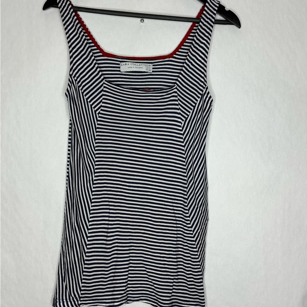 Zara Collection Navy White Striped Tank Top Red Trim Nautical Y2K Size Medium - Thumbnail 2