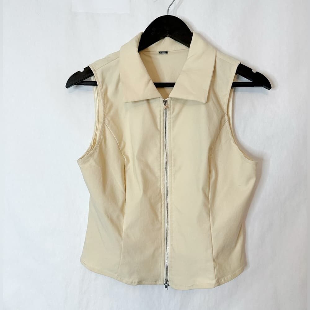 NWOT Cider Woven Collar Solid Zipper Tank Top Beige | TAGS CUT OUT SEE NOTES - Thumbnail 8
