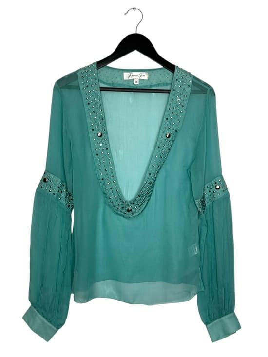 Jenny Jen Collection Vintage Rhinestone Beaded Sheer Boho Blouse Size 10 Mermaid - Thumbnail 10