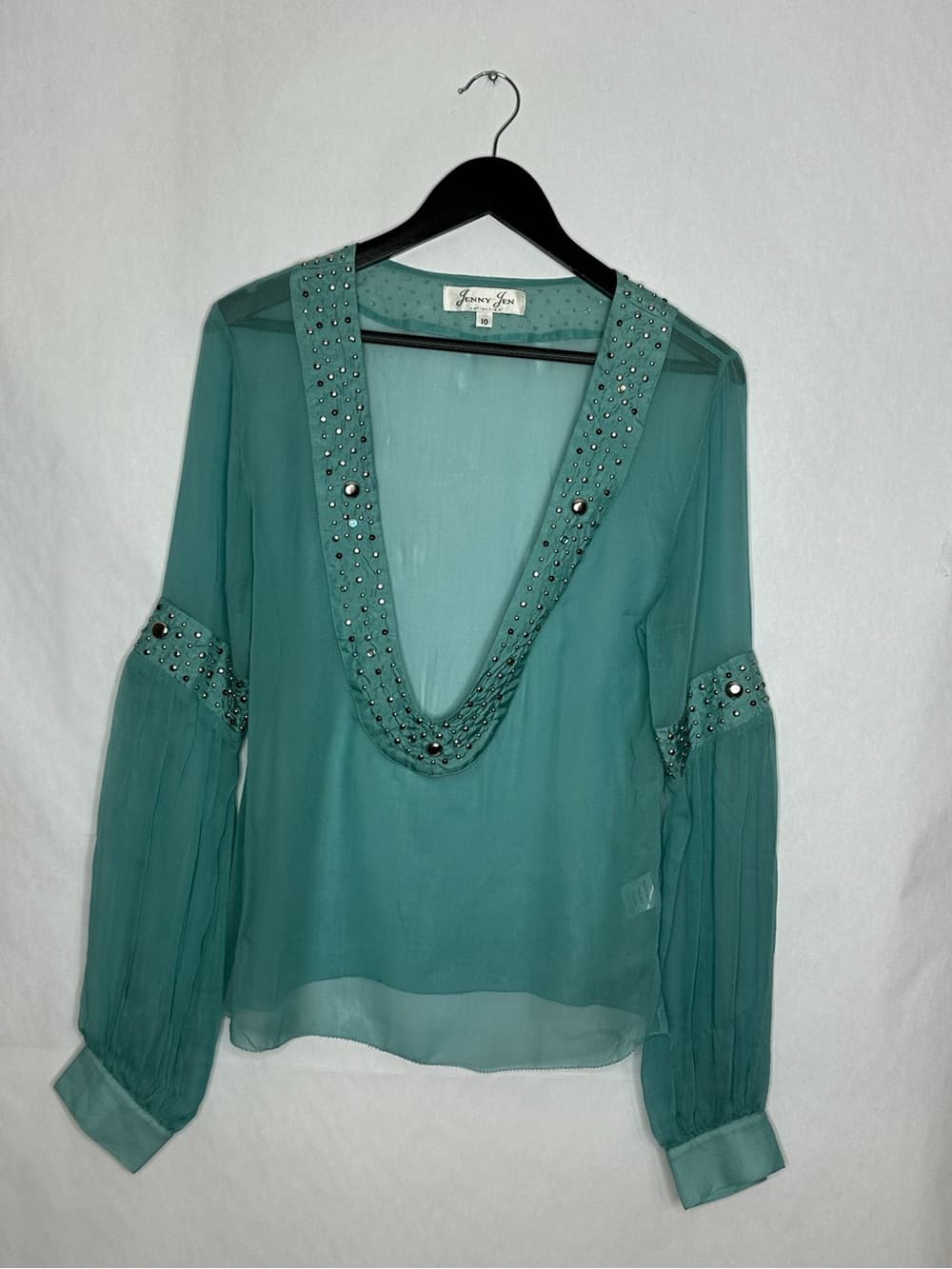 Jenny Jen Collection Vintage Rhinestone Beaded Sheer Boho Blouse Size 10 Mermaid - Thumbnail 5