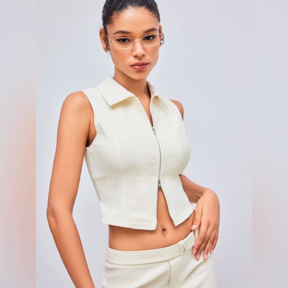 NWOT Cider Woven Collar Solid Zipper Tank Top Beige | TAGS CUT OUT SEE NOTES - Thumbnail 6