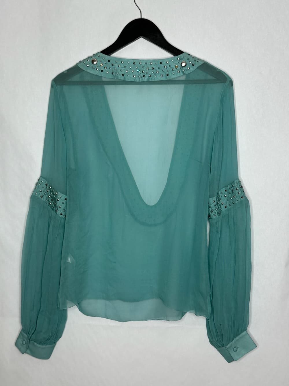 Jenny Jen Collection Vintage Rhinestone Beaded Sheer Boho Blouse Size 10 Mermaid - Thumbnail 3