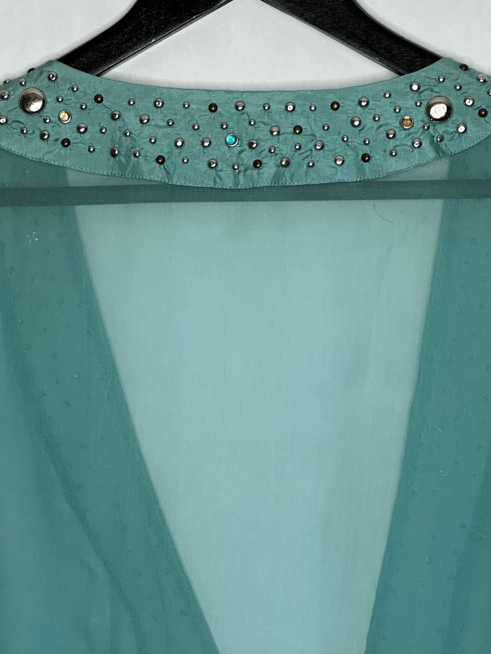 Jenny Jen Collection Vintage Rhinestone Beaded Sheer Boho Blouse Size 10 Mermaid - Thumbnail 4