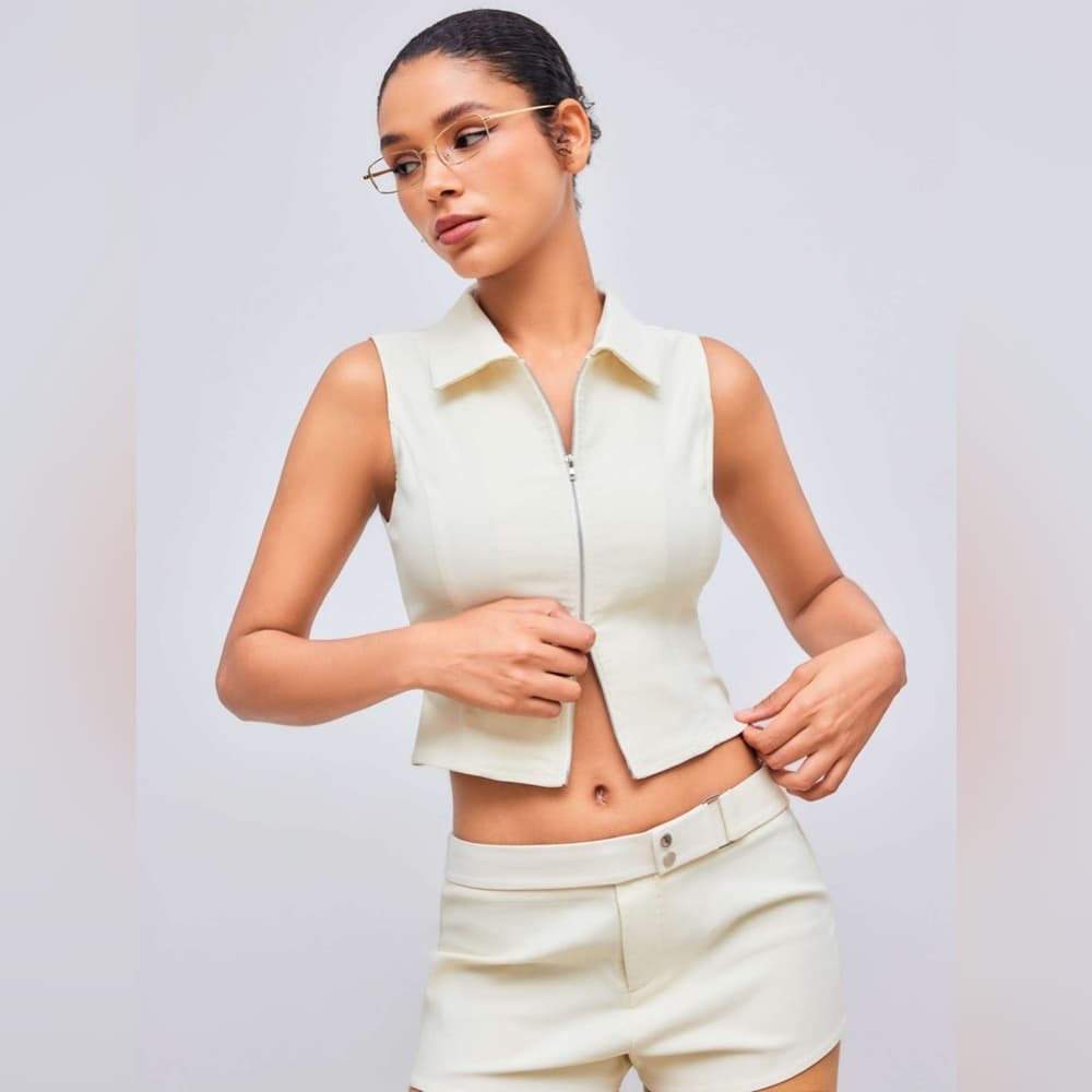 NWOT Cider Woven Collar Solid Zipper Tank Top Beige | TAGS CUT OUT SEE NOTES - Thumbnail 2