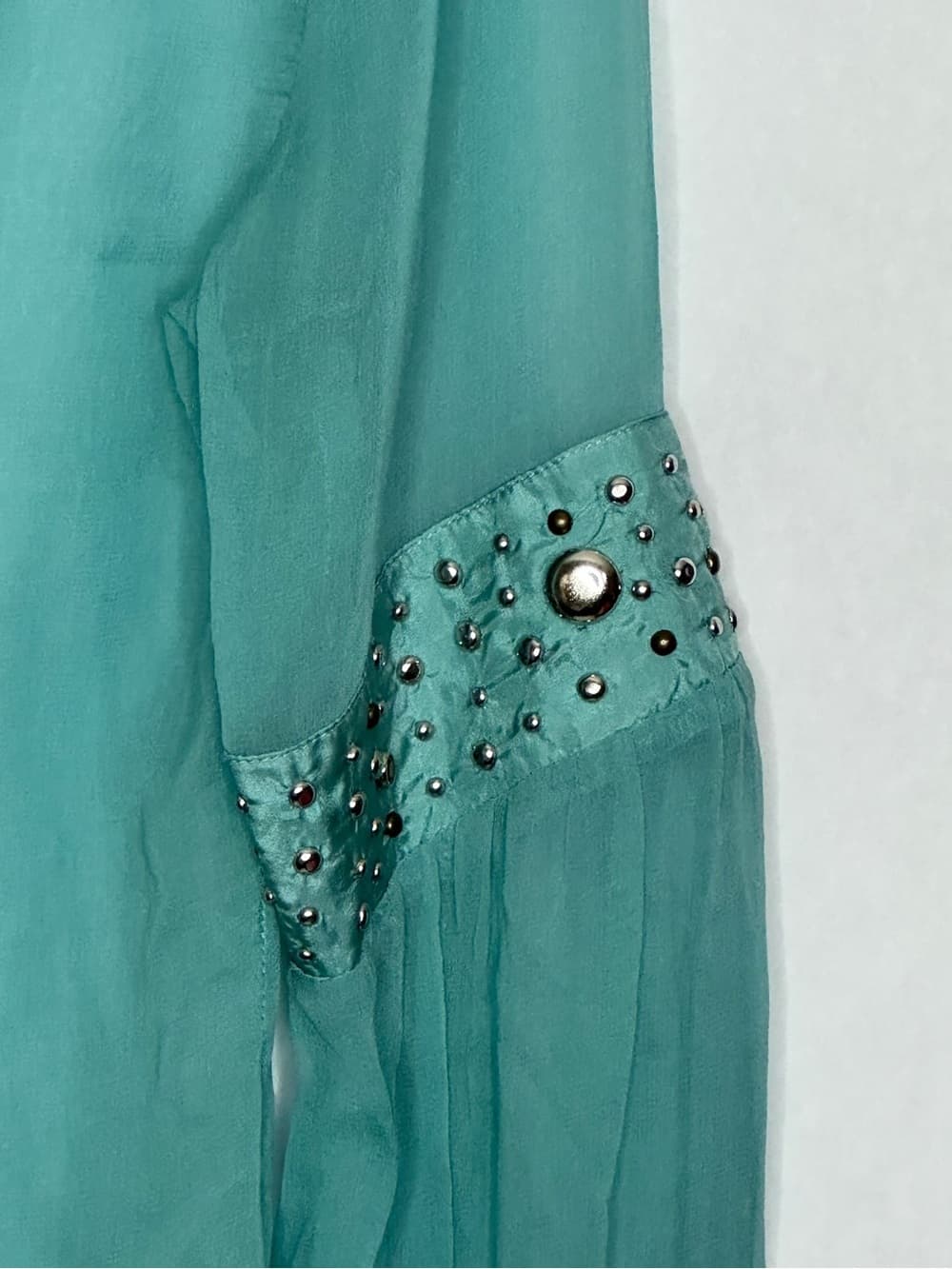 Jenny Jen Collection Vintage Rhinestone Beaded Sheer Boho Blouse Size 10 Mermaid - Thumbnail 2