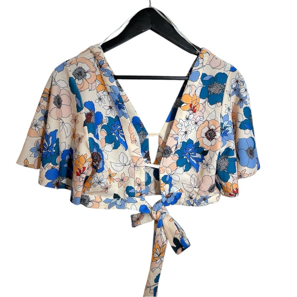 Zara Floral Tie Crop Top Blue Peach Print Flutter Sleeve Medium Blogger Fav - Thumbnail 14